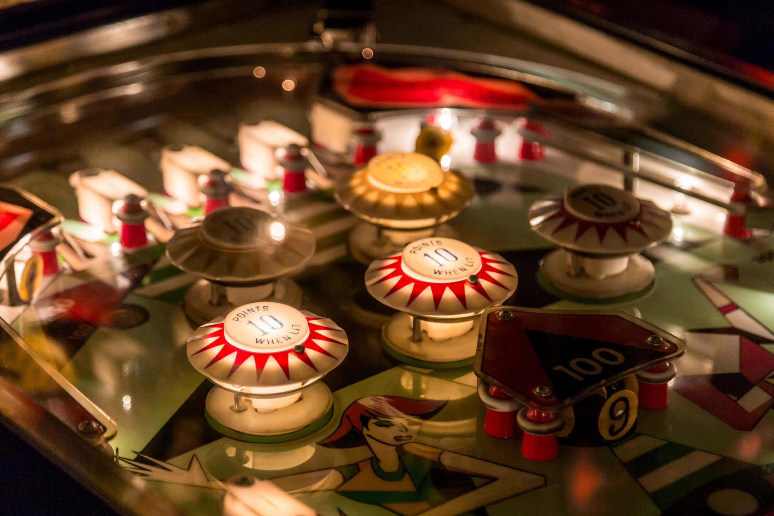 Pinball table close up view of vintage game machine